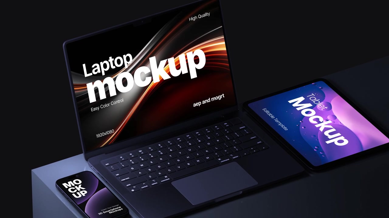 Moderne bærbar computer, tablet og smartphone mockup sæt på mørk baggrund