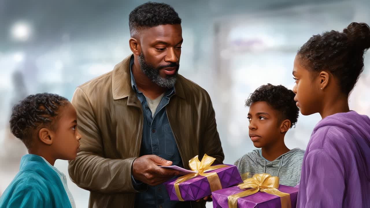 A Heartwarming Scene of a Caring Father Distributing Gifts to His Children, Filled with Joy and Anticipation as They Gather Together to Celebrate a Special Moment in Their Lives