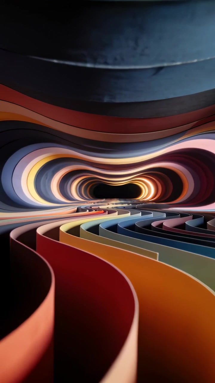 Video vertical: Cámara avanzando sobre una mesa, mostrando un túnel de papel de colores enrollado para crear profundidad.