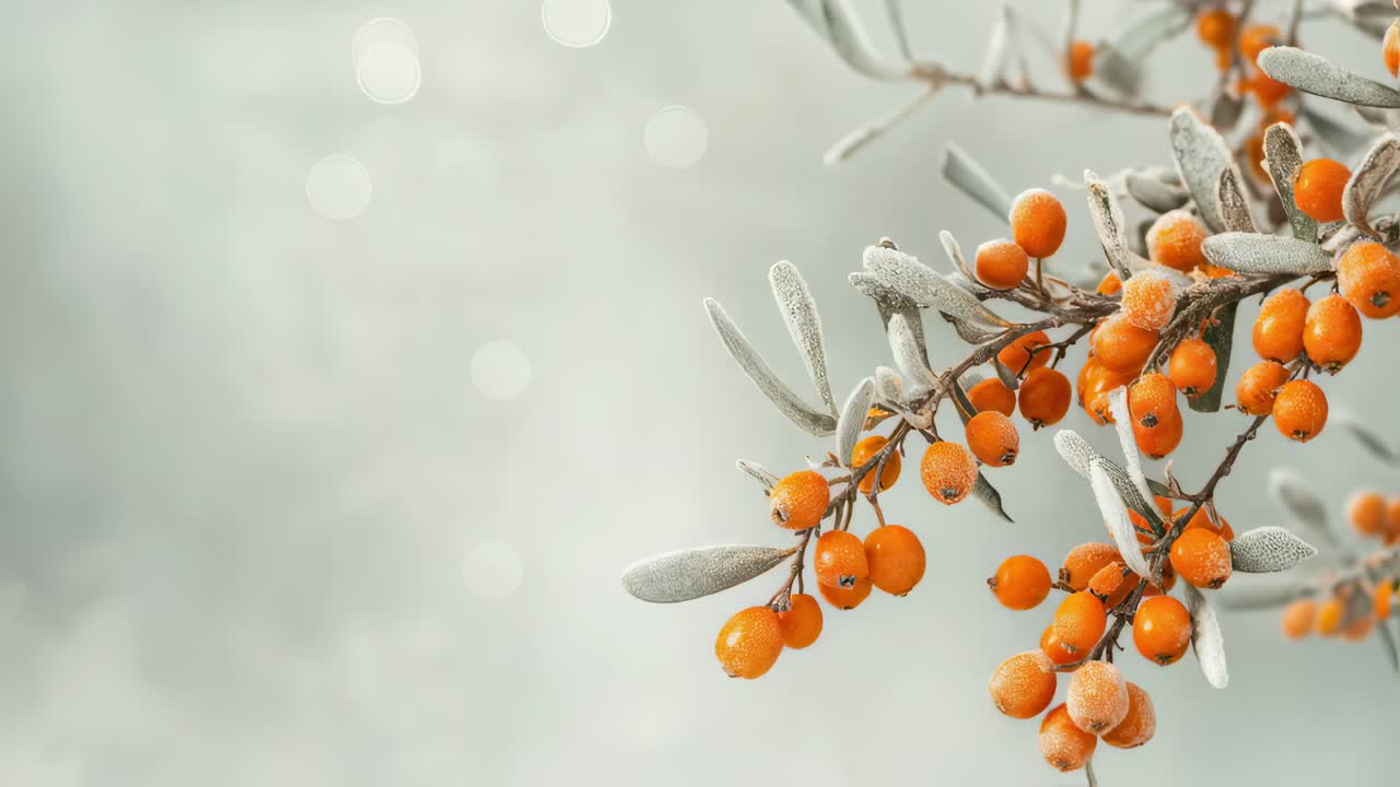 Frosted orange sea buckthorn berries hanging from ice covered branch, creating vibrant winter scene with soft blurred background highlighting natural seasonal beauty