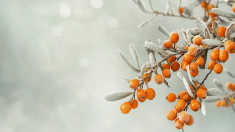 frosted orange sea buckthorn berries hanging from ice covered branch, creating vibrant winter scene with soft blurred background highlighting natural seasonal beauty