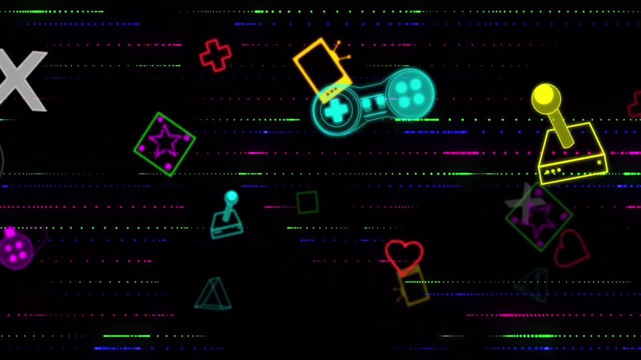 Animazione di multiple icone a tema videogioco su scie luminose brillanti su sfondo nero