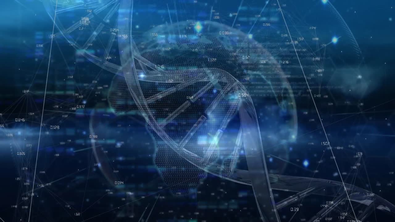 Animation of dna strand and network of connections over globe on black background