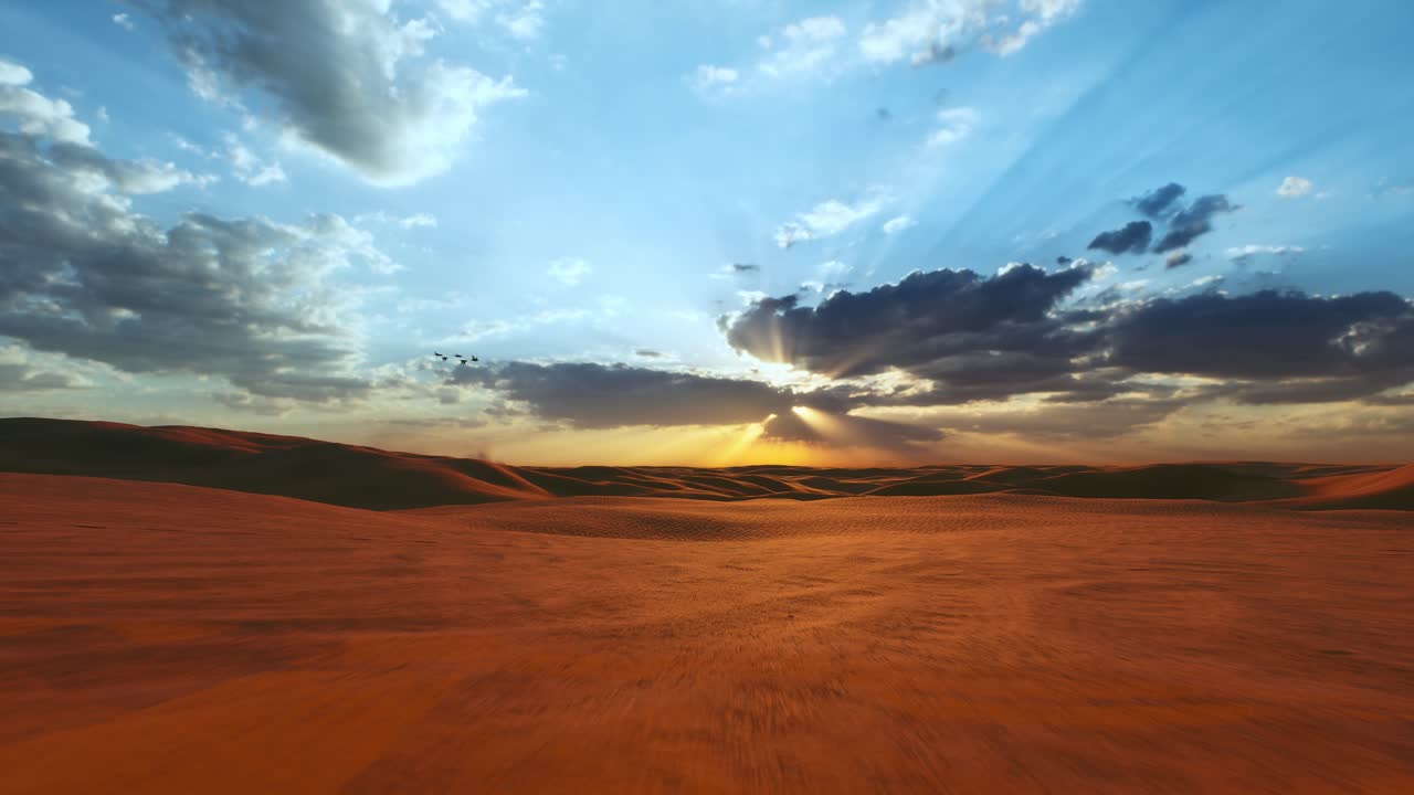 Flying Over Endless Yellow Sand Dunes In Desert. Sand Dunes And Blue Sky With Clouds. Aerial View Of Beautiful Desert Landscape