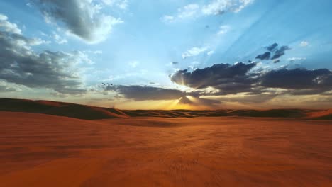 flying over endless yellow sand dunes in desert. sand dunes and blue sky with clouds. aerial view of beautiful desert landscape