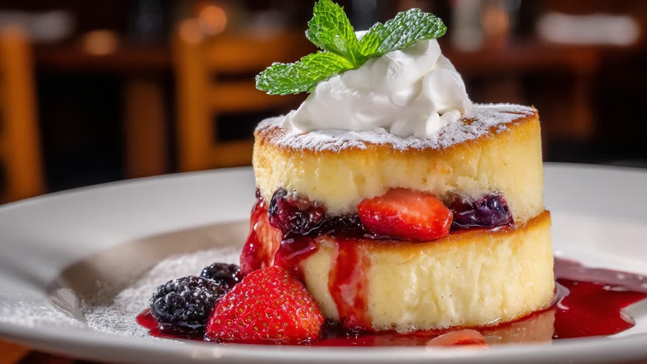 Deliciously Layered Dessert: A Tempting Stack of Fluffy Cake with Mixed Berries, Creamy Topping, and a Refreshing Mint Garnish, Ideal for Any Sweet Tooth