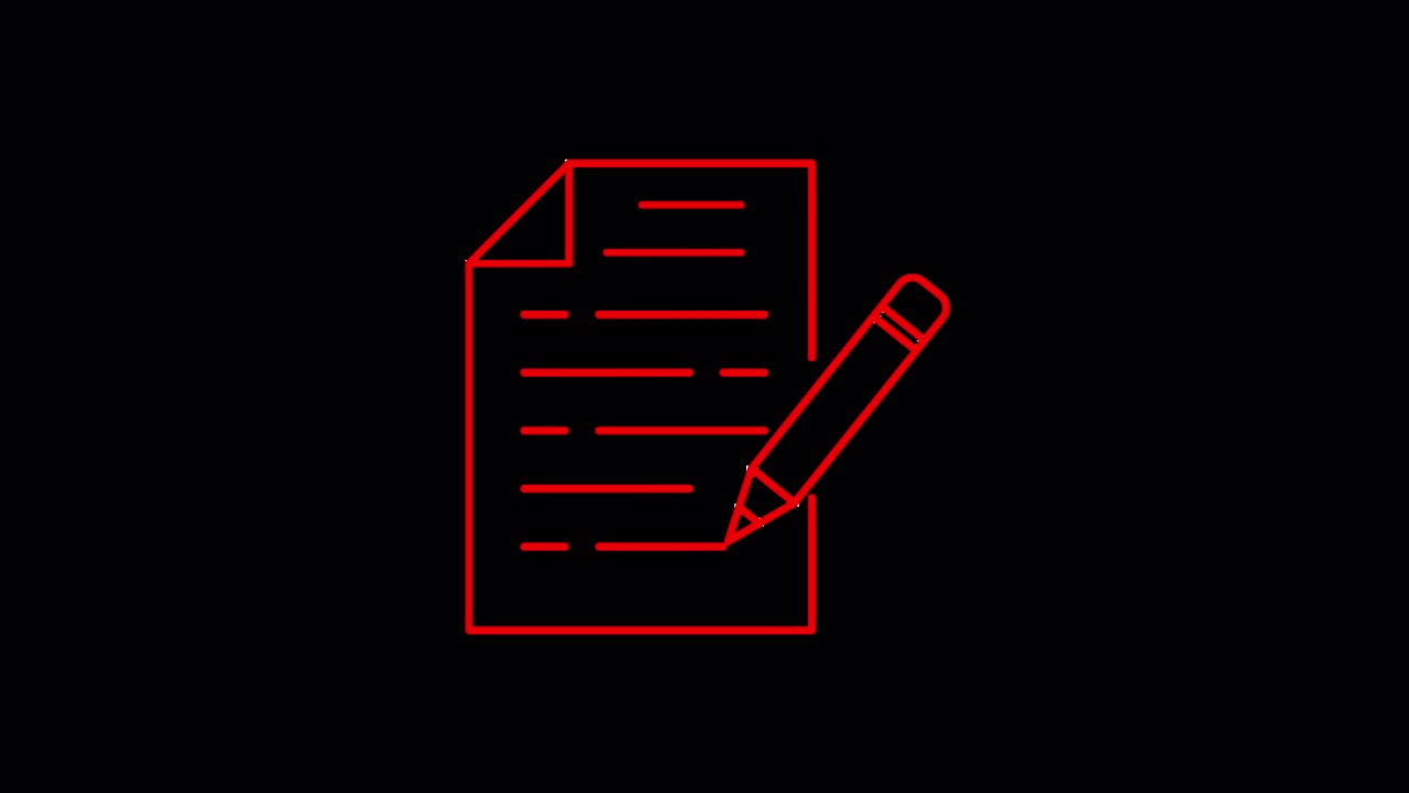 Animazione artistica a linee rosse di un documento con una matita che scrive.