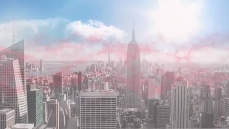 animation of red vapour moving over city at sunset