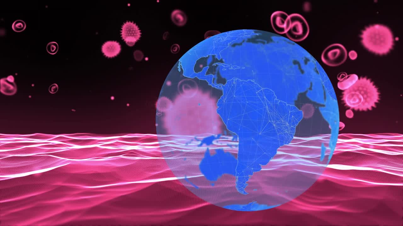Animation de cellules Covid-19 en chute sur un globe terrestre en rotation sur fond sombre