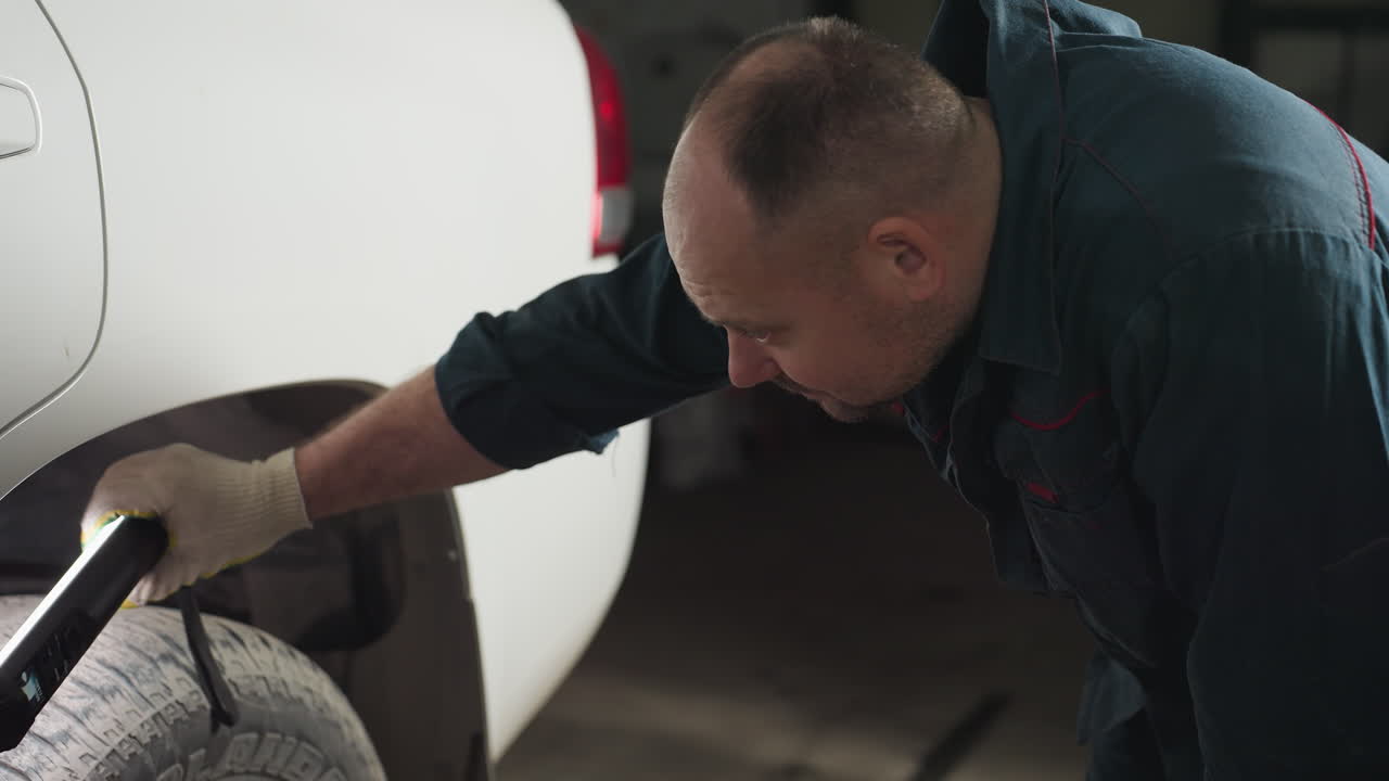 자동차 수리 작업장에서 타이어를 검사하기 위해 불을 사용하고, 무에 은 머리를 가진 자동차 엔지니어, 배경에는 파란색 기둥이 보인다