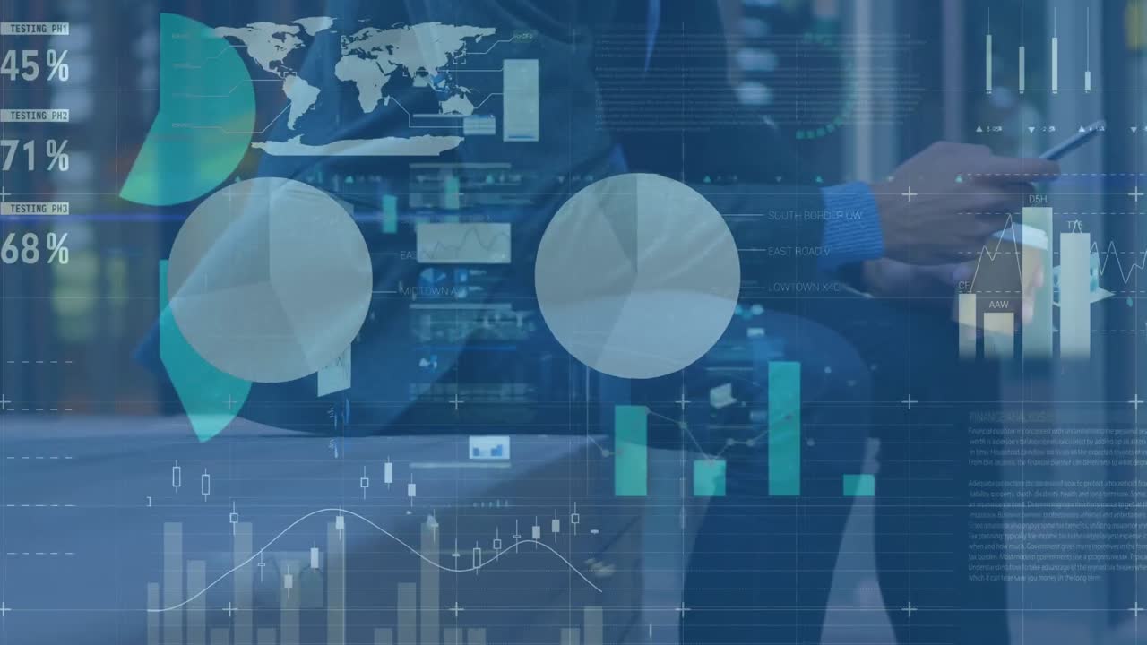 Animation of data processing over biracial man using smartphone