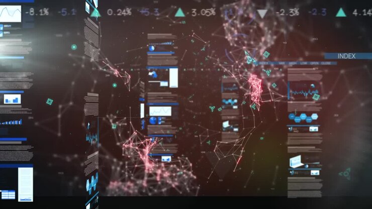 Animation of glowing qr code over neon geometric shapes