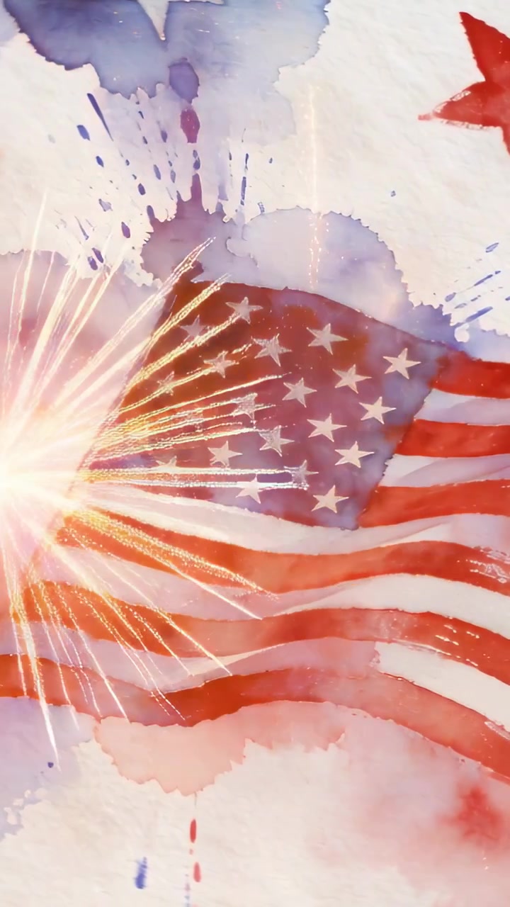 Vertical video: Lens flare sparking watercolor US flag waving in graphic, celebrating with sparks