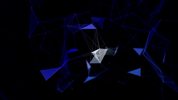 Hareketli Çizgiler, Noktalar ve Üçgenlerle Soyut Mavi Geometrik Arka Plan. Pleksus Fantezi Soyut Teknoloji. Döngü Animasyonları