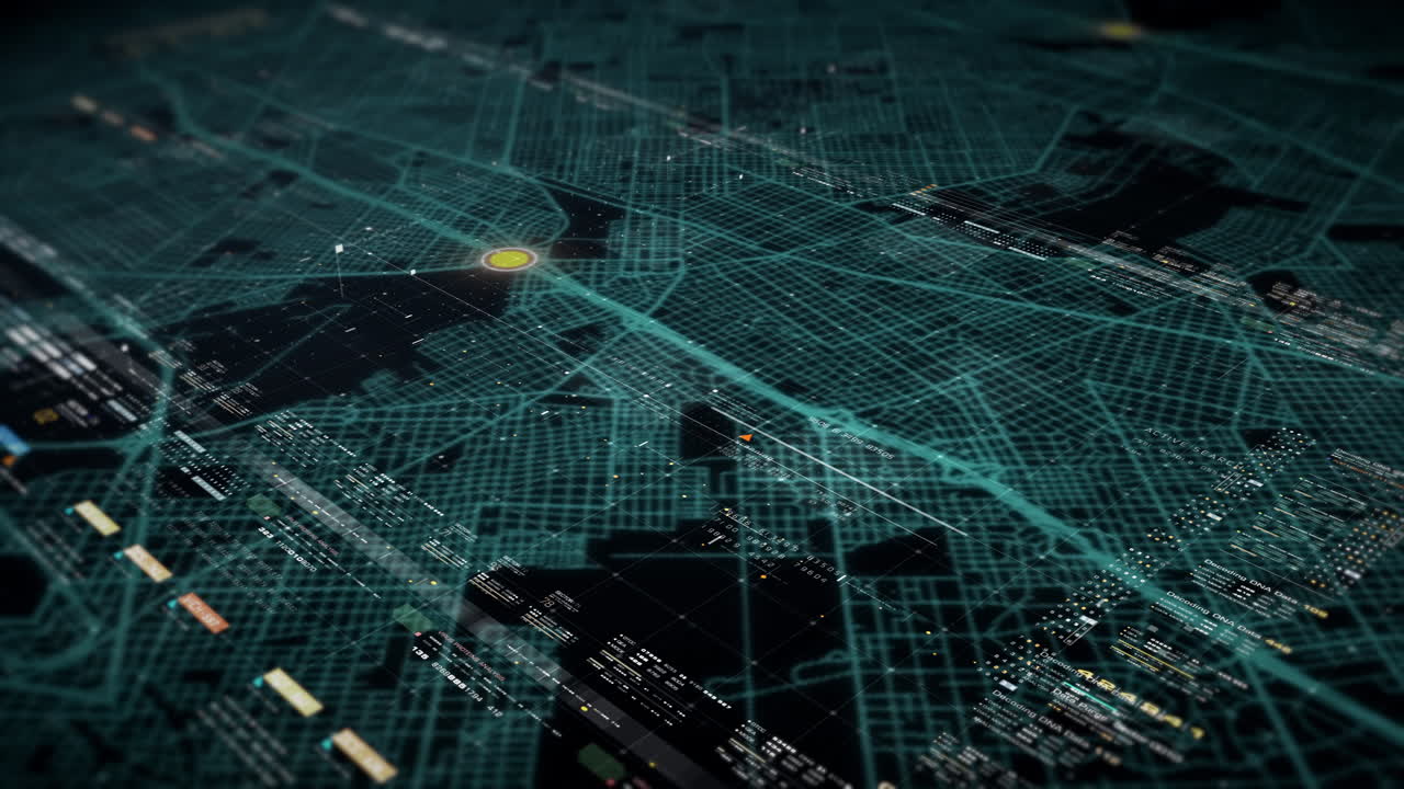 Futuristic motion graphic user interface head up display screen with digital data city map telemetry information display for digital background computer desktop display screen