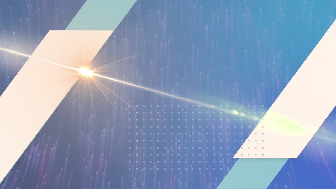 Animation of spotlight and light beam over white a blue shapes, dots on blue light trails