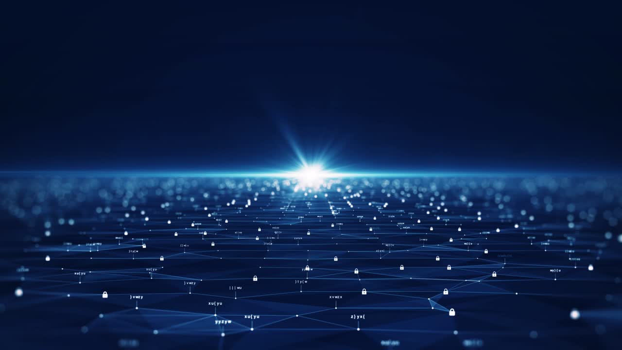 Cybersecurity and digital data protection technology concept. Connection of small binary padlock polygons with center light on dark blue background. Protect the computer system of the Internet online.