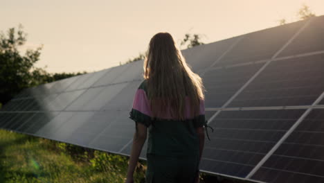 una adolescente camina a lo largo de los paneles solares de una pequeña planta de energía doméstica