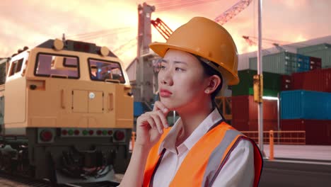 close up side view of asian female engineer with safety helmet thinking and looking around then raising her index finger with freight cargo train at port