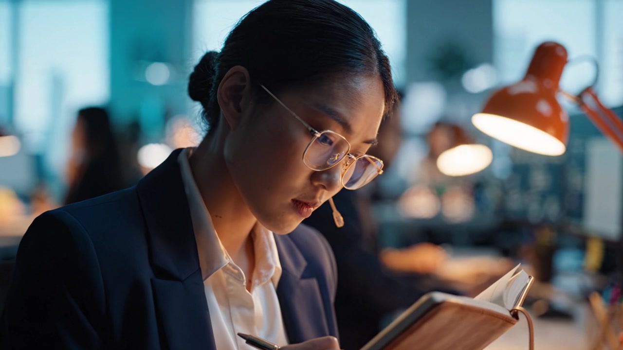 Focused Professional in an Office Setting Taking Notes with a Notebook and Pen While Wearing Headset and Glasses Amidst a Busy Work Environment