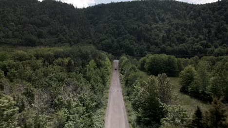 viaje por carretera en coche infiniti a través del exuberante sendero verde que se dirige hacia la pintoresca montaña en un día soleado - toma de drones