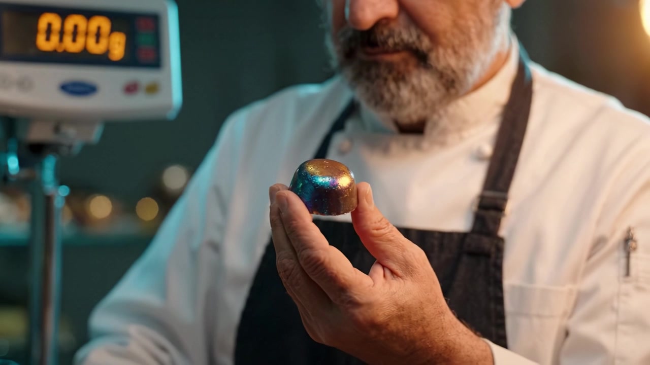 Chef Showcases Skillful Craftsmanship in Creating a Colorful Dessert with Attention to Detail and Elegance in a Professional Kitchen Setting.