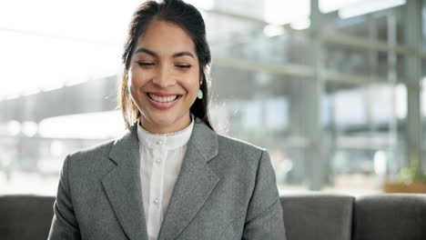 Laptop,-couch-and-Asian-woman-in-office-lobby