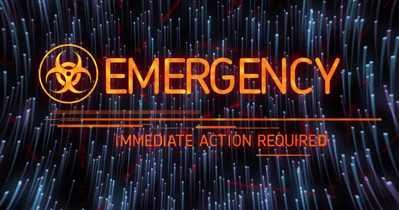 Opening showing orange biohazard fading and sliding bars text forming EMERGENCY and ACTION REQUIRED