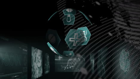 animación de iconos científicos en hexágonos en el espacio digital negro