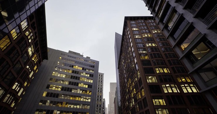Architettura catturata con contrasto vivido in una prospettiva urbana verticale