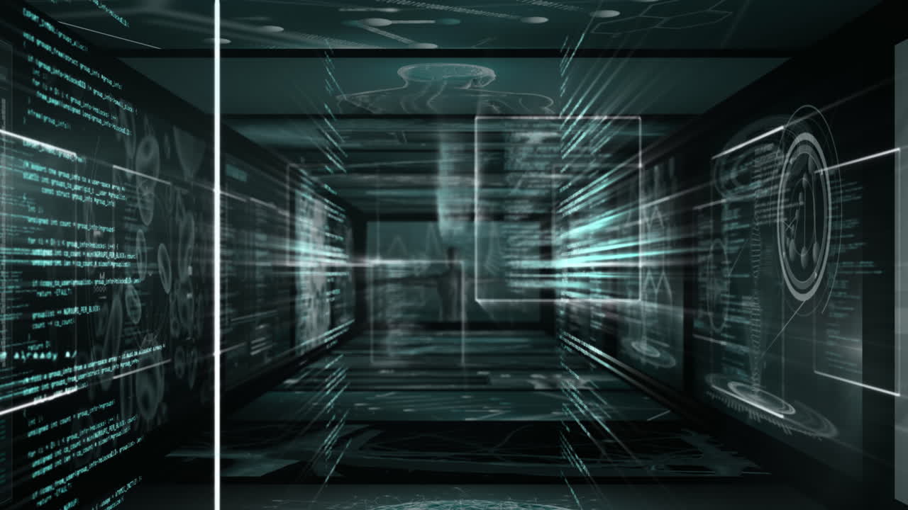 Animation of digital computer language in infographic interface display screens moving in loop