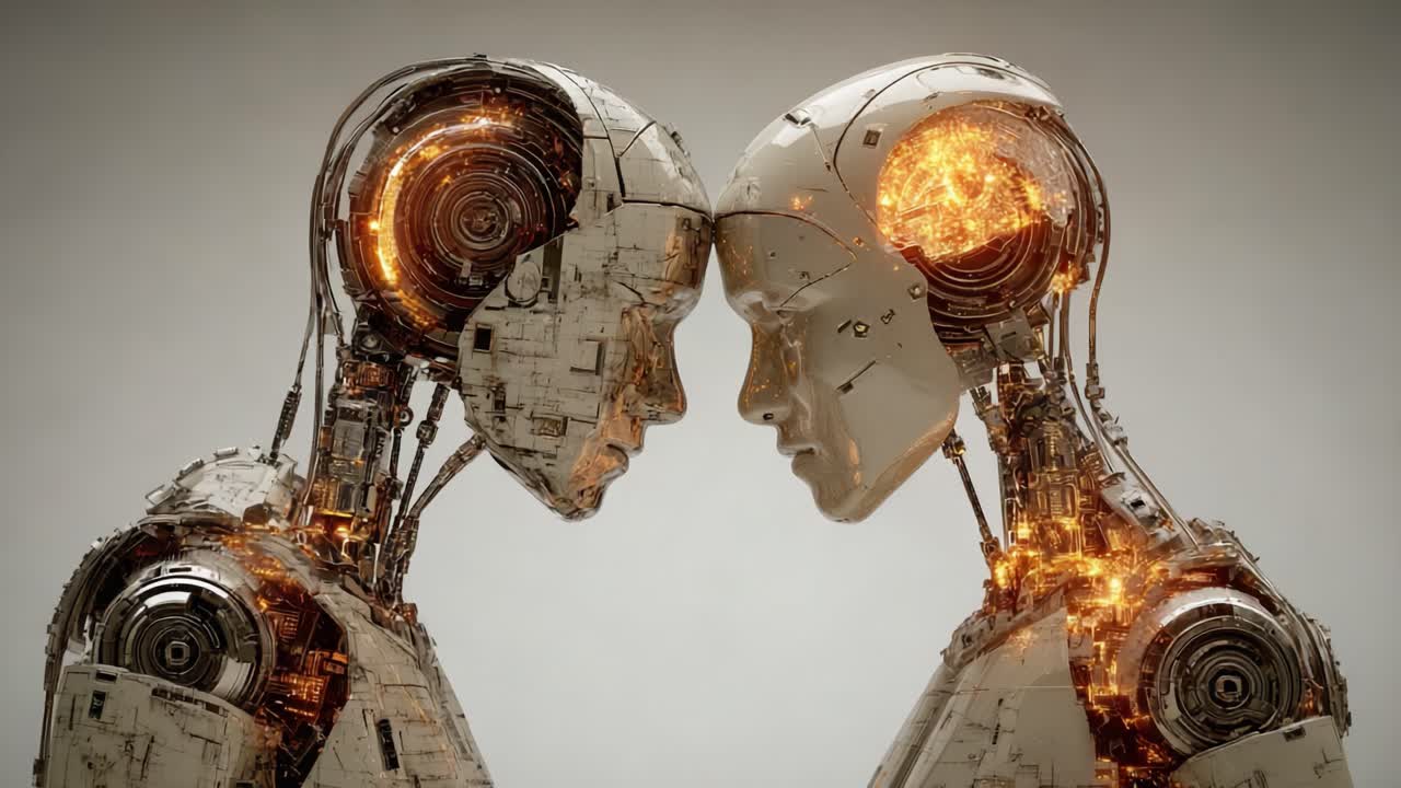 Connessione emotiva tra due robot futuristici che mostrano tecnologia avanzata e il concetto di intelligenza artificiale in una stimolante dimostrazione di umanità