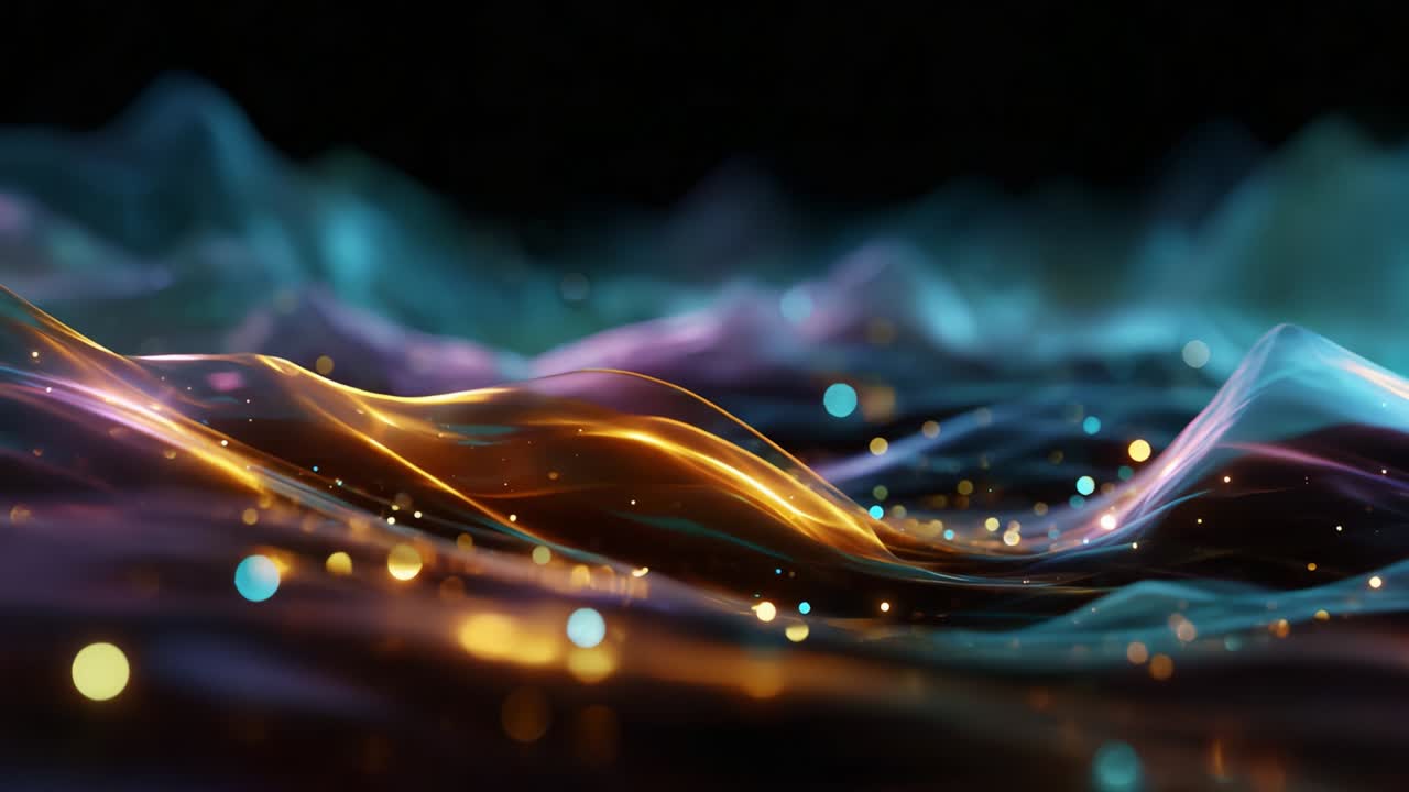 A mesmerizing abstract visualization of flowing waves adorned with shimmering lights, showcasing rich colors and fluid movements that evoke a sense of tranquility and beauty in a dynamic environment