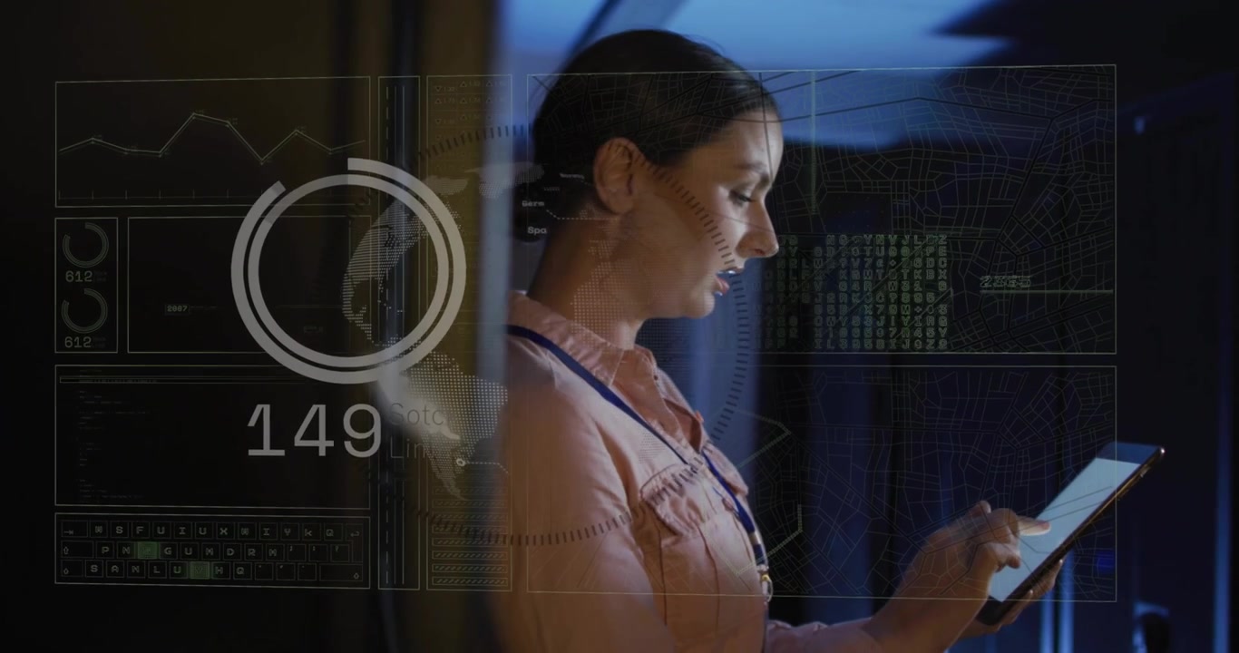 Tech tapping tablet in DC causing glass HUD and checking numbers peaking then falling for status