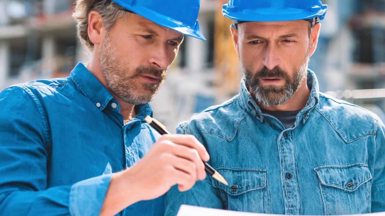 Construction Workers Reviewing Plans: Two Skilled Professionals in Hard Hats Analyze Blueprints on a Work Site Amidst Ongoing Building Activities