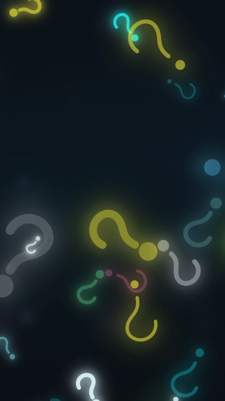 Colorful glowing question marks float and swirl against a dark backdrop in this lively vertical video. Energetic abstract animation ideal for social media, stories, reels, and creative mobile content.