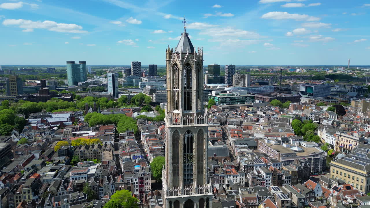 Dom tower in Utrecht, The Netherlands. Aerial drone video.