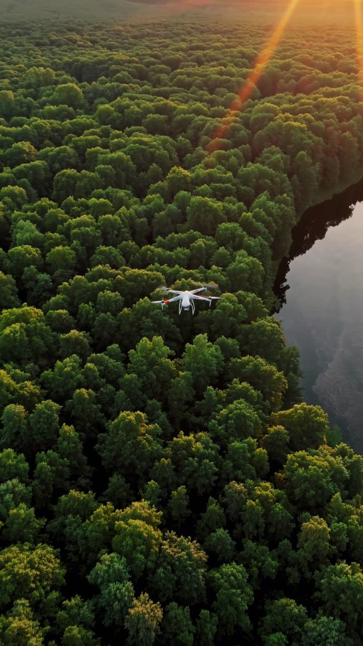 Aerial video shot of a lush green forest at sunset, capturing the vast canopy