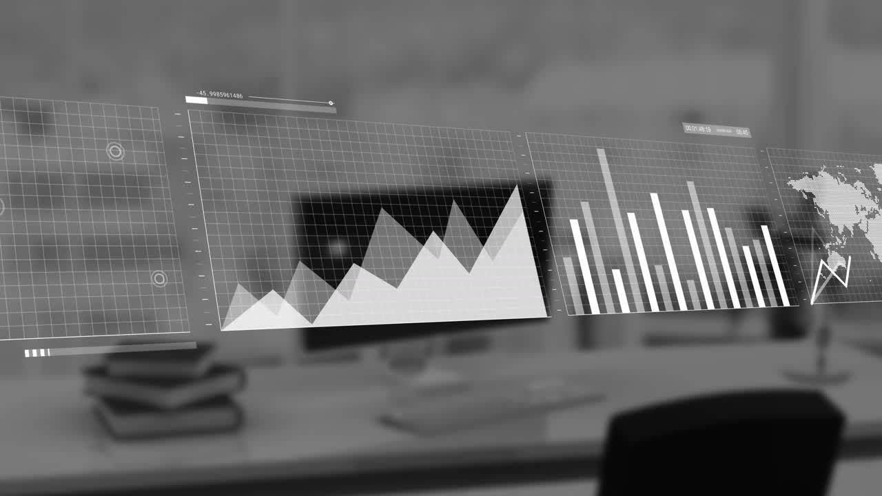 Animation of screens with statistical data processing against office desk