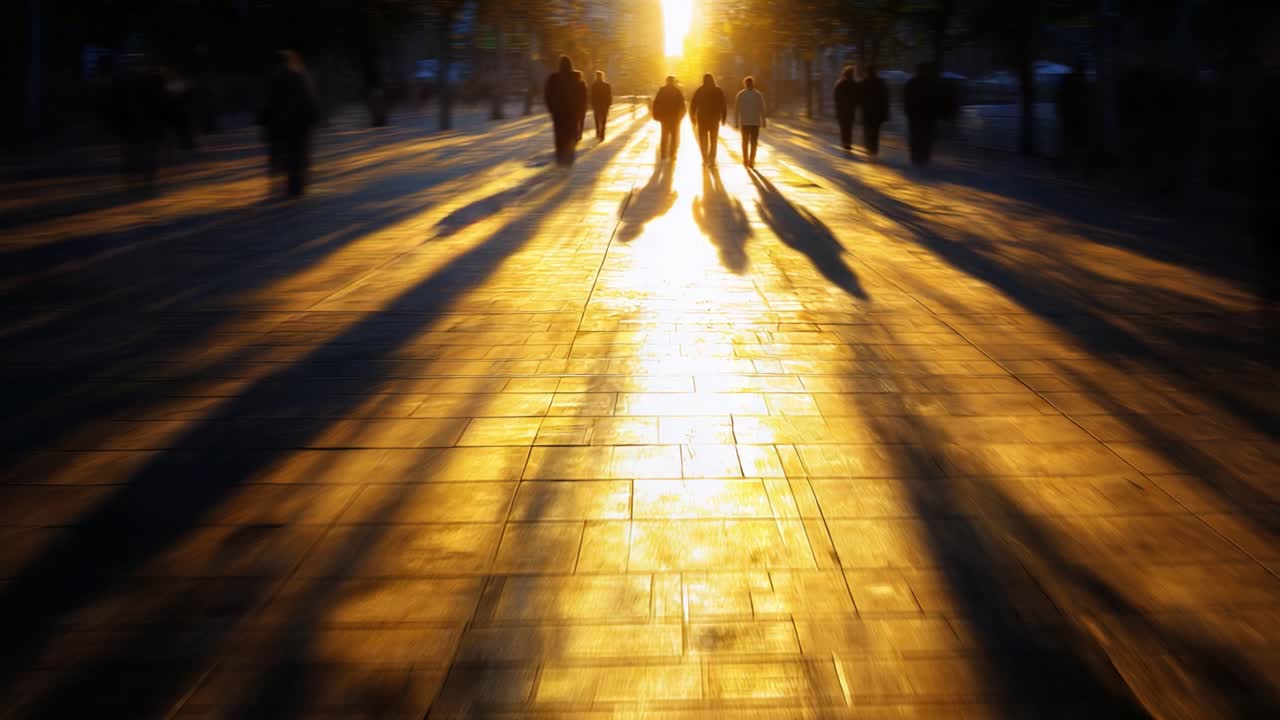 Dramatic Sunset Silhouettes: A Group of People Walking Along a Sunlit Path, Casting Long Shadows on the Ground in an Urban Environment