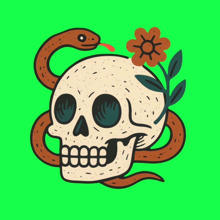 Teschio animato con serpente e fiore su green screen