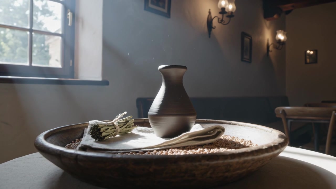 La telecamera si allontana rivelando un vaso in ceramica opaca su una ciotola poco profonda su un tavolo rustico, con fumo.