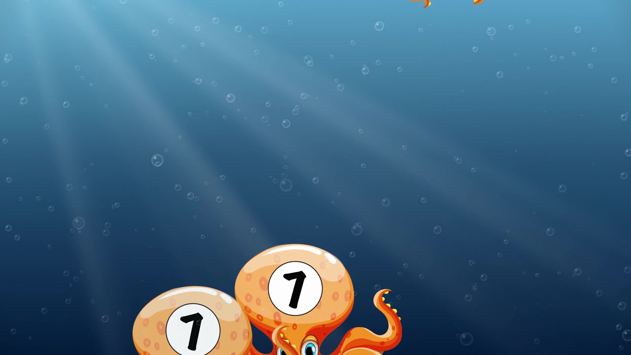 Orange cartoon octopuses with numbered heads float and sink through sunlit blue underwater bubbles.