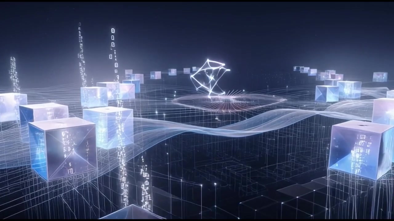 Abstract Digital Network with Floating Data Cubes and Glowing Geometric Structures