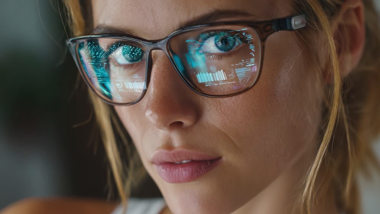 Focused Individual Analyzing Data Through Augmented Reality Glasses, Showcasing Innovative Technology and Intense Concentration in a Modern Environment