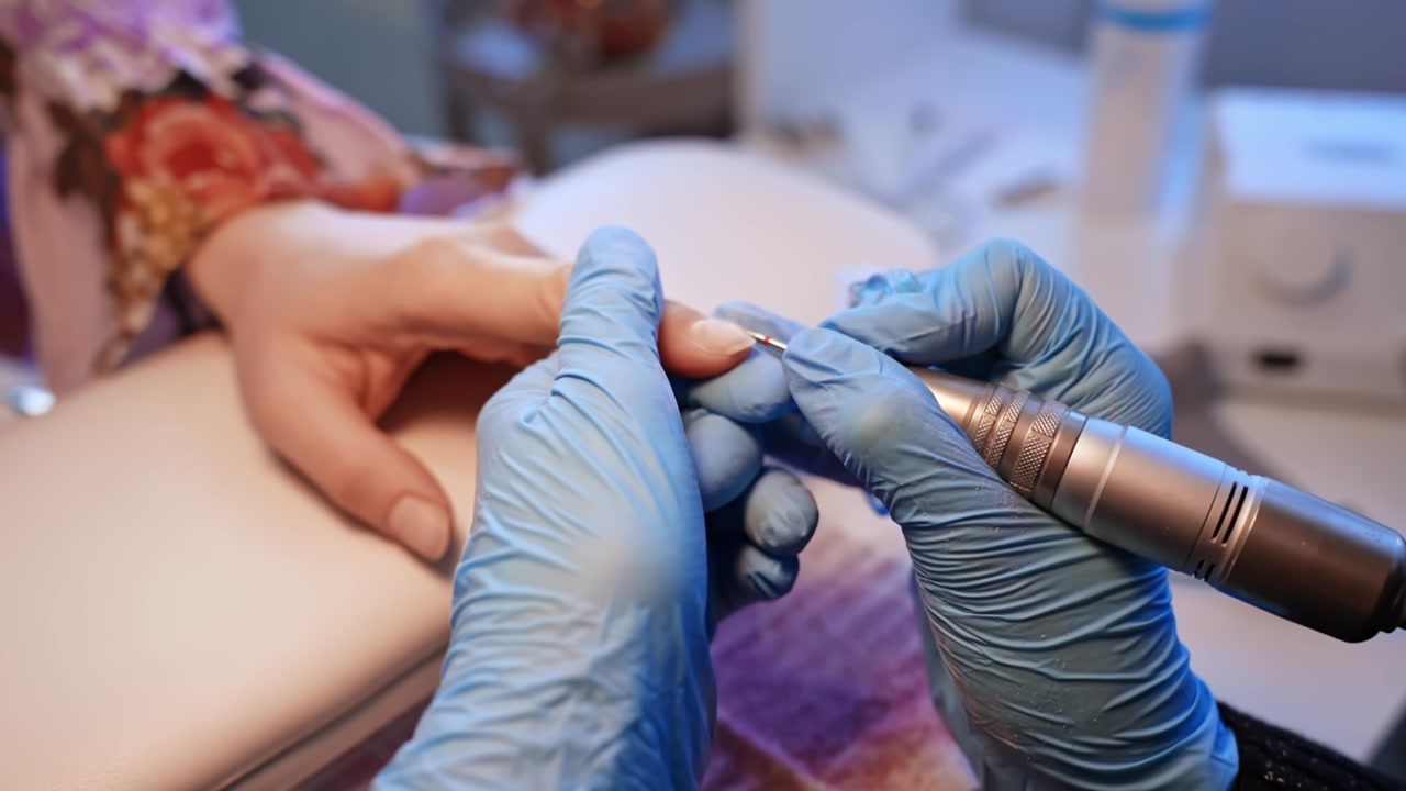 Close-up of a nail technician using an electric file on a client’s fingernail during a professional manicure treatment in a beauty salon.