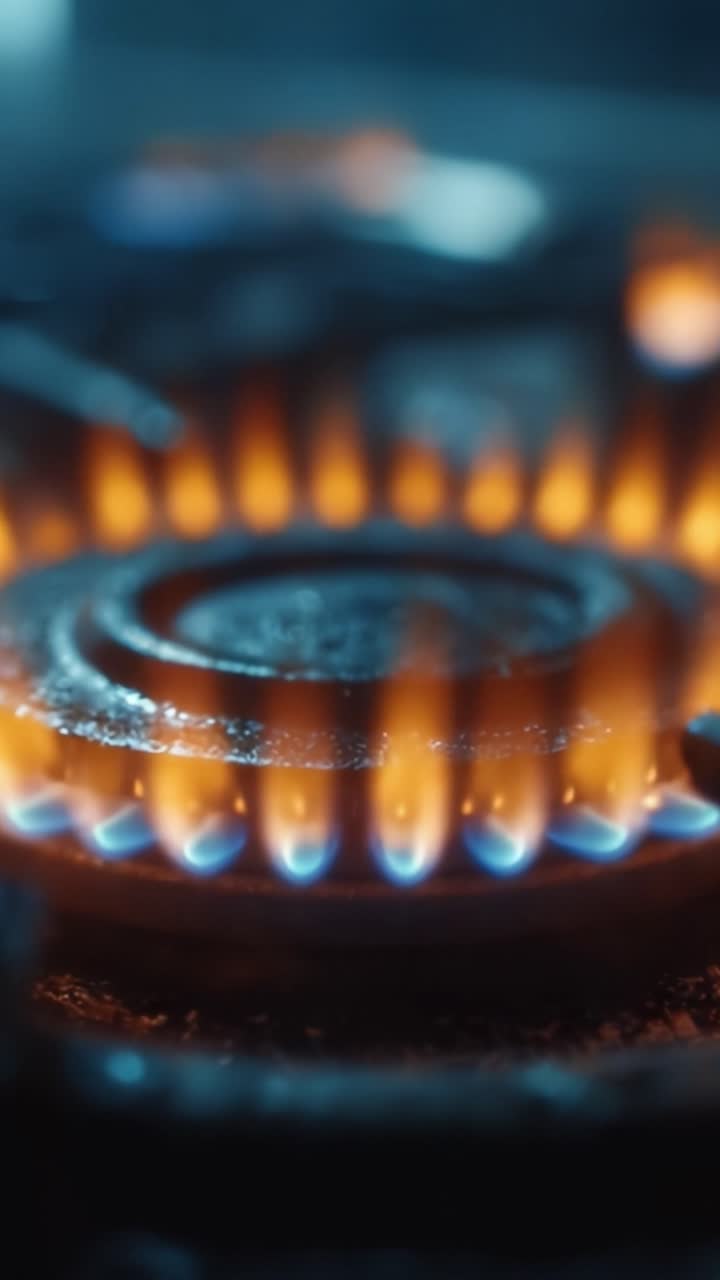 A Captivating Close-Up of a Gas Burner with Vibrant Flames: The Intimate Dance of Fire and Metal, Showcasing Energy and Heat in a Kitchen Setting