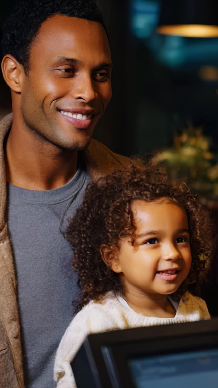 Un padre e un bambino vivono una gioiosa esperienza in un bar: cattura i sorrisi e i legami in un ambiente caldo e vivace con un'atmosfera rilassata e vibrazioni amichevoli