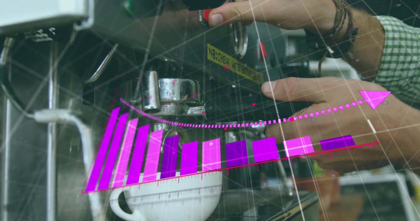 Hands turning red knob locking filter, espresso dripping, bars rising tracking extraction