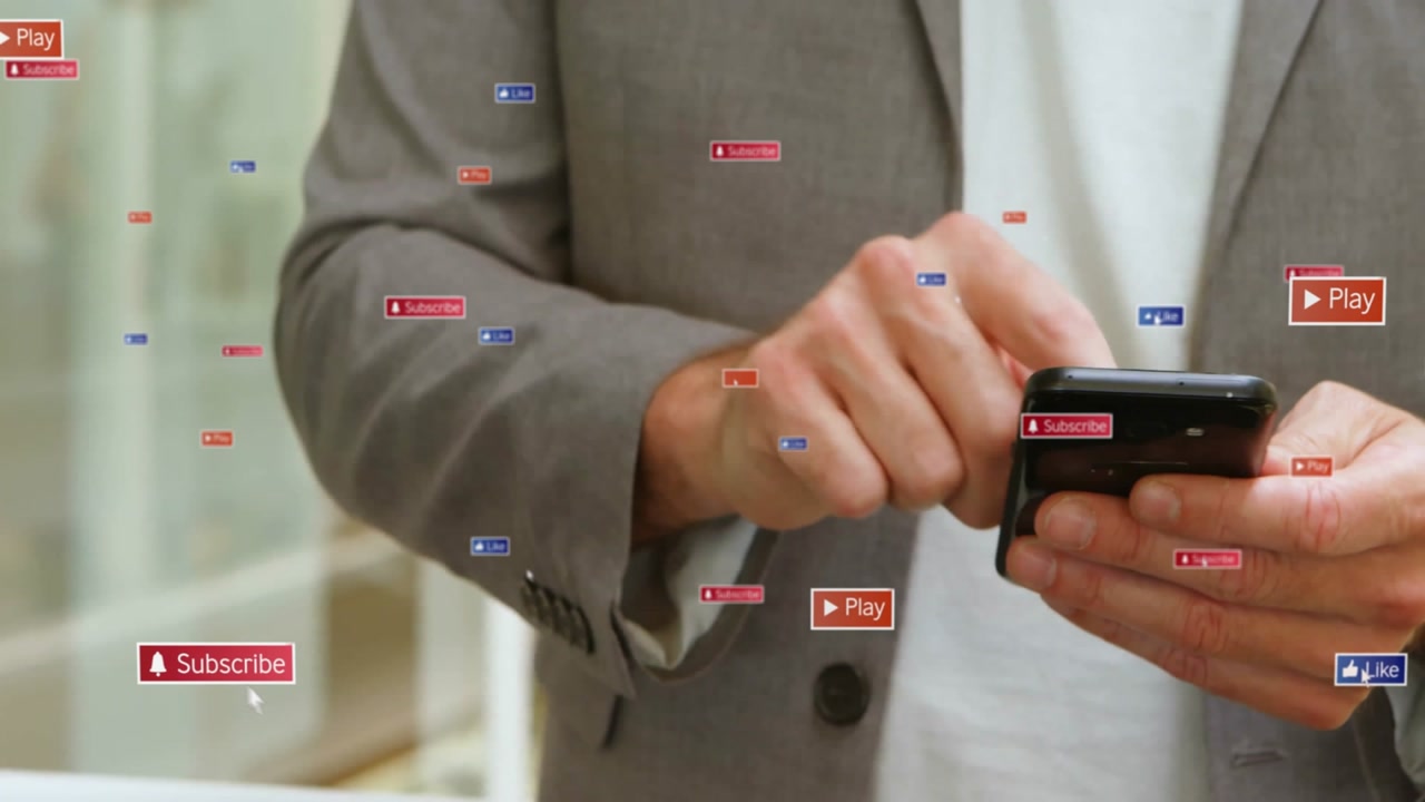 Business professional tapping smartphone generating Play Subscribe Like swarm for marketing